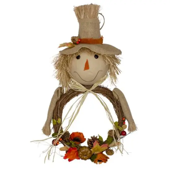 20" Tan & Orange Fall Harvest Scarecrow Wreath Wall Decor {1}