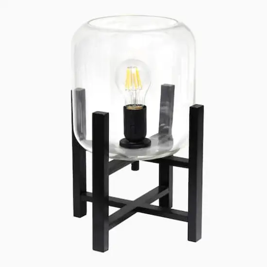 Simple Designs 13.5" Black Wood Mounted Table Lamp with Glass Cylinder Shade Clear Glass {1}