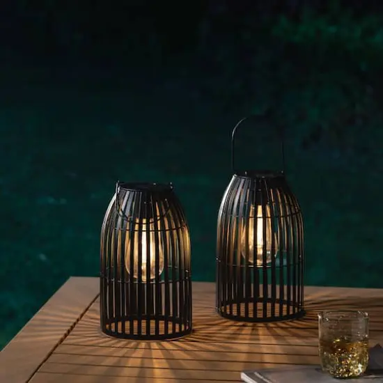 Glitzhome&reg; 9.75" Metal Woven Solar Powered Hanging Lantern, 2ct. Black {3}
