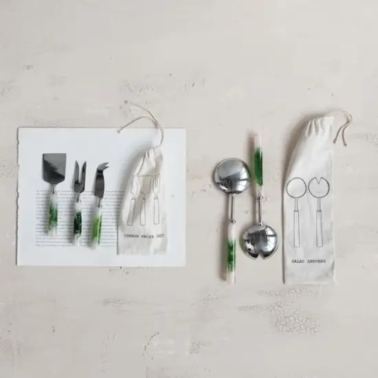Hello Honey 2-Piece Stainless Steel Salad Servers with Marbled Resin Handles, Green and White {3}