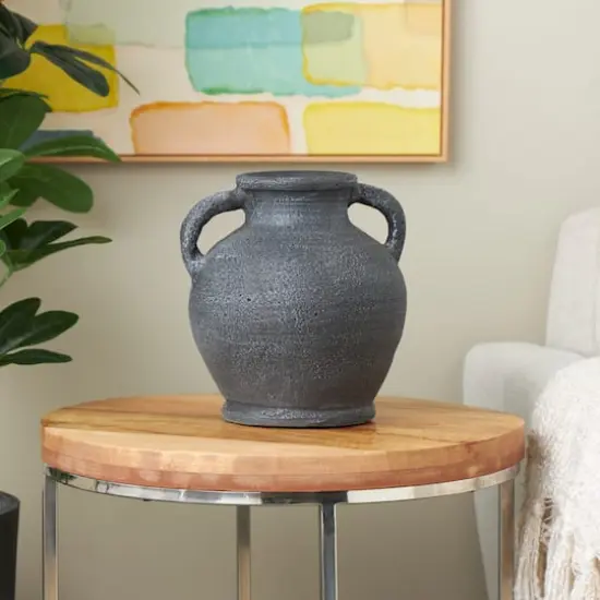 10.5" Black Ceramic Textured Whitewashed Vase with Handles {3}