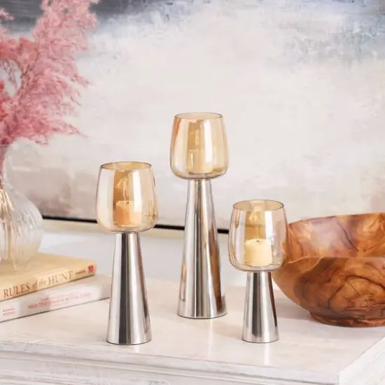 Contemporary Stainless Steel & Glass Candle Holder Set Silver {3}