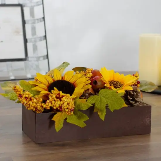 10" Yellow & Brown Sunflowers & Leaves Fall Harvest Floral Arrangement {3}