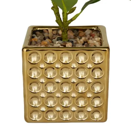 15" Glam Style Evergreen Artificial Foliage in Gold Porcelain Pot {6}