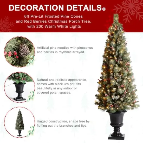 6ft. Pre-Lit Frosted Pinecones & Red Berries Artificial Christmas Porch Tree, Warm White LED Lights {8}