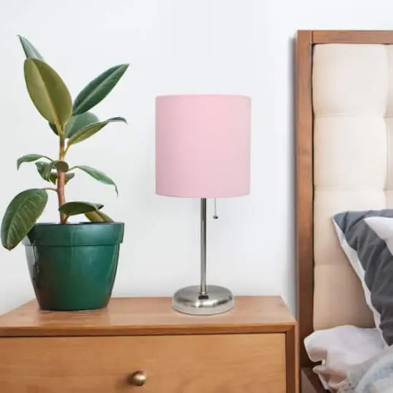 Creekwood Home 19.5" Oslo USB Port Table Lamp Brushed Steel/Light Pink Shade {3}