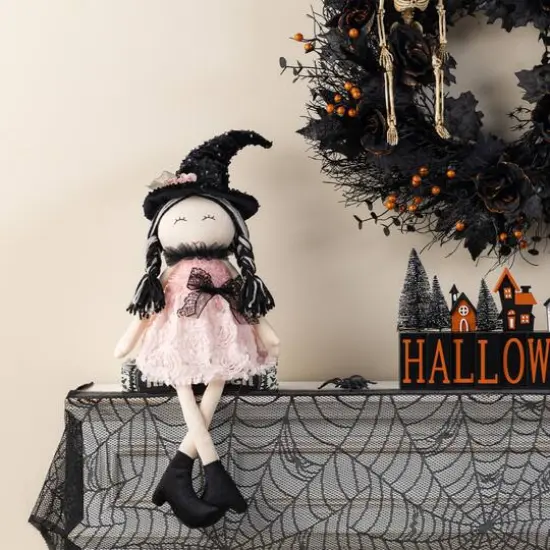 Glitzhome&reg; 29"H Halloween Pink Fabric Dressed Witch Sitter {5}