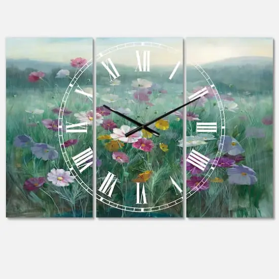 Designart Flower Field 3 Panel Farmhouse Wall Clock {1}