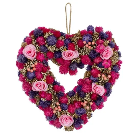 Pink and Purple Floral Berry and Twig Heart-Shaped Artificial Spring Wreath 13.5" {1}