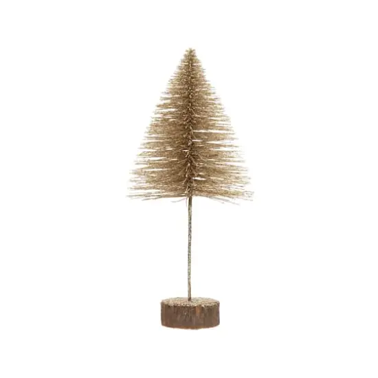 Hello Honey&reg; 11.75" Champagne Plastic Bottle Brush Tree with Glitter & Wood Slice Base {1}