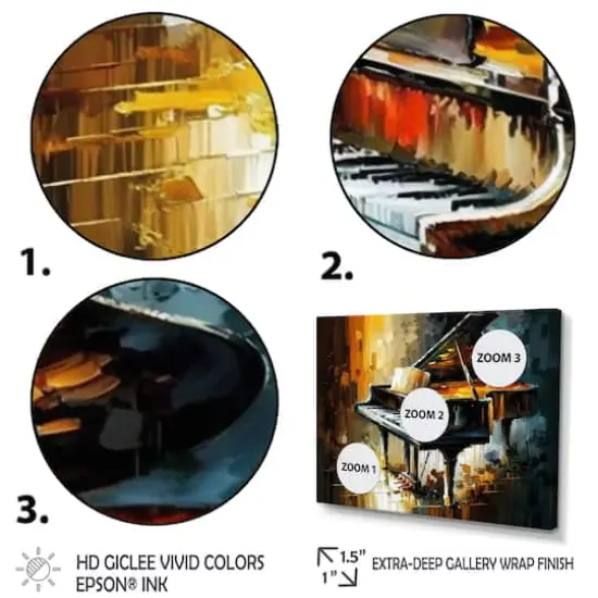 Designart 'Piano On Stage' Music Framed Canvas Wall Art Thick Black {4}