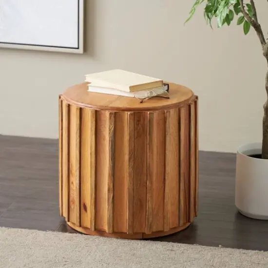 18.25" Brown Mango Wood Handmade Concaved Curve Drum Accent Table with Ridges {3}