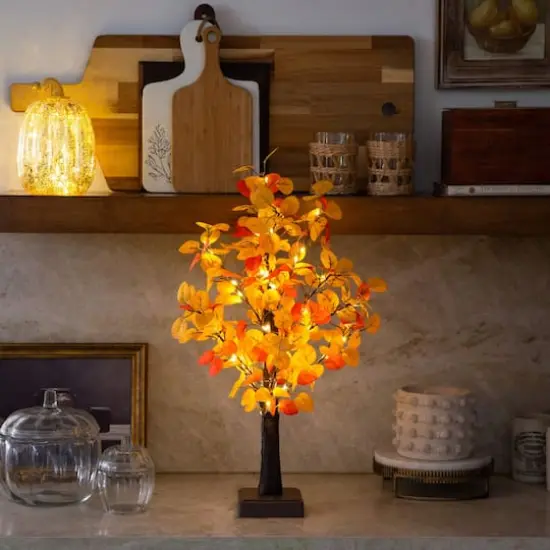 21in. Pre-Lit Bright Autumn Eucalyptus Artificial Fall Tree with 50 Warm White LED Lights and Detachable Base {9}