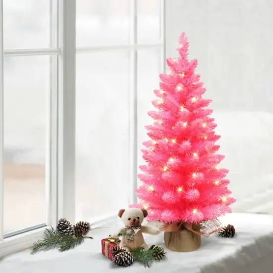 3ft. Pre-Lit Pink Artificial Christmas Tree, Clear LED Lights {4}