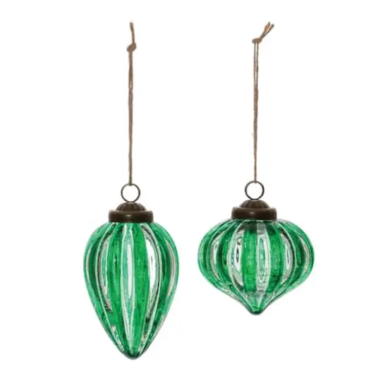 Green Ribbed Crackle Glass Ornament Set {3}