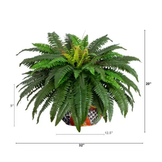 3.5ft Artificial Double Boston Fern in Handmade Mexican Talavera Ceramic Planter {9}