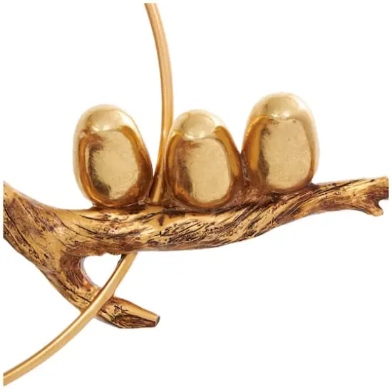 16" Gold Polystone Bird Family On A Branch Sculpture with Brown Block Base {5}