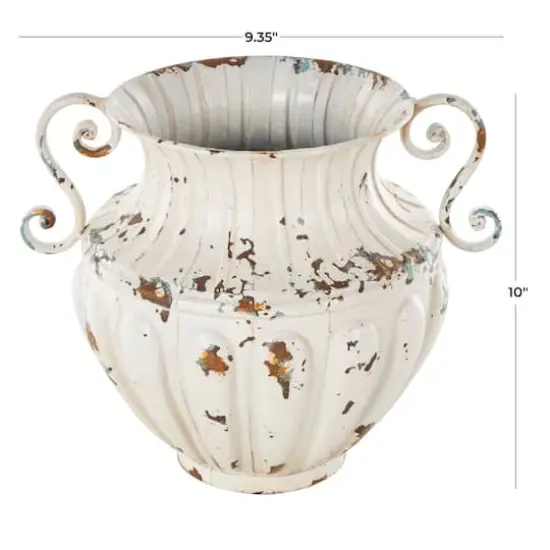 10" Distressed Cream Metal Vintage Amphora Vase {5}