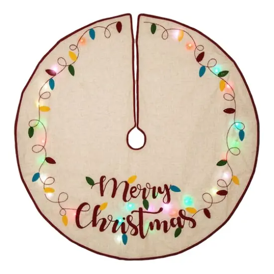 Glitzhome&reg; 48" LED Embroidered Merry Christmas Linen Christmas Tree Skirt {1}