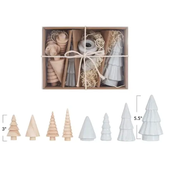 Hello Honey® White & Natural Stoneware & Wood Christmas Trees Set {4}