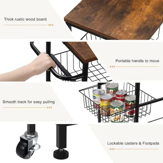 Black 4-Tier Rolling Cart with Storage Basket Shelf {4}