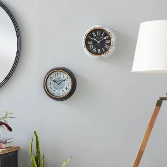 Set of 2 White Metal Vintage Wall Clock, 10" x 10" {8}