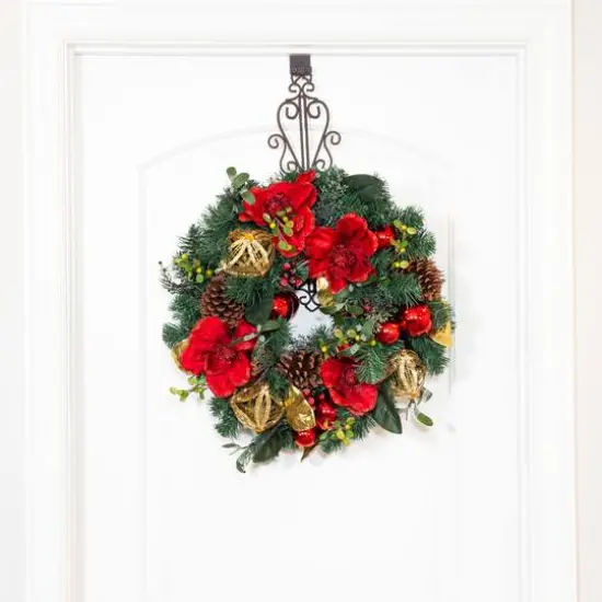 Village Lighting 24" Pre-Lit Red Magnolia Christmas Wreath, Clear LED Lights {7}