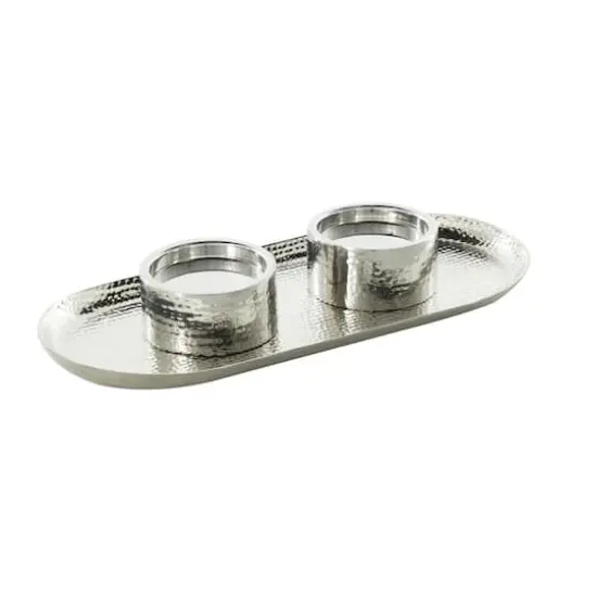 16" Silver Stainless Steel Metal Hammered Candle Holder with Oval Tray Plate {4}