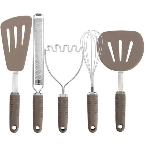 Martha Stewart 5-Piece Taupe Stainless Steel and Silicone Kitchen Utensil Tool Set {1}