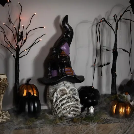 22.75" Skull in Witch Hat with Black Cat Halloween Decoration {3}