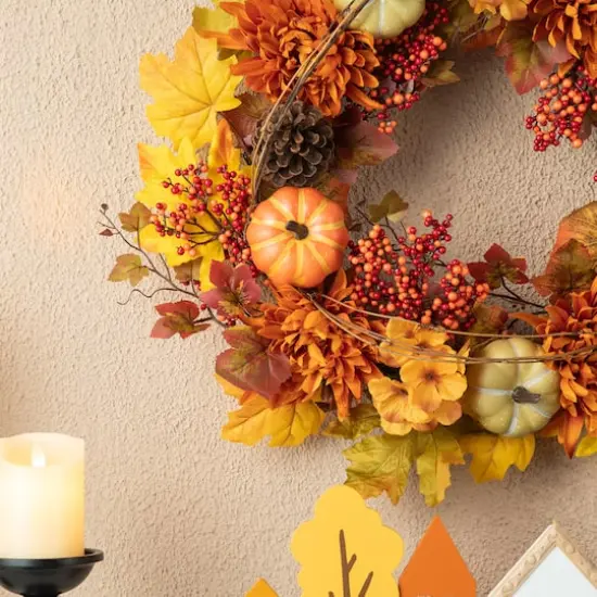 Glitzhome&reg; 24" Fall Dahlia, Pumpkin, Leaf & Berry Wreath {4}