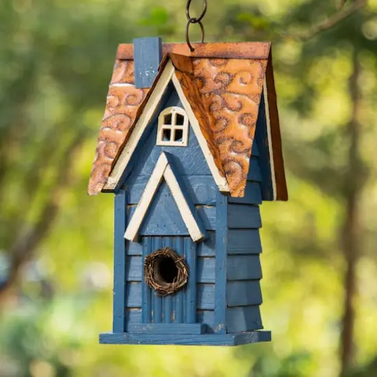 Glitzhome&reg; 12" Retro Blue Distressed Cottage Birdhouse {3}