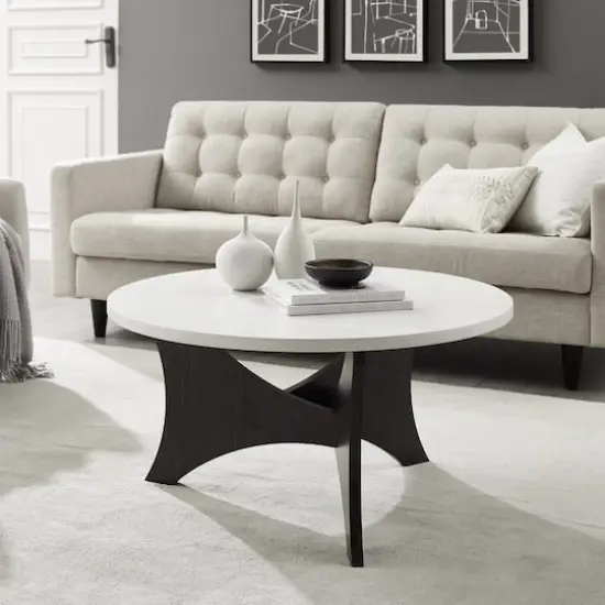 36" Faux White Marble & Graphite Mid Century 3-Leg Round Coffee Table {5}