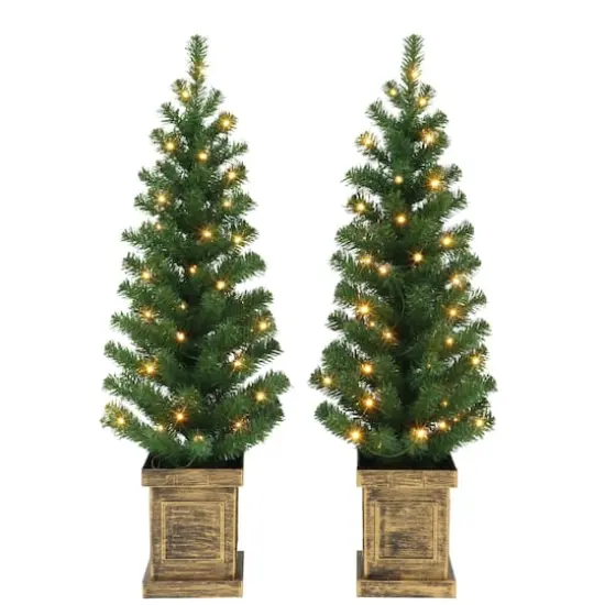 2 Pack 3.5ft. Pre-Lit Battery Operated Artificial Christmas Tree in Box Planter, Warm White LED Lights {1}