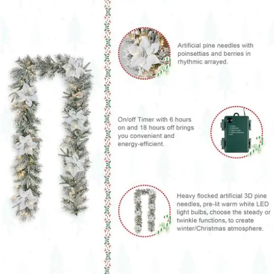 Glitzhome&reg; 9ft. Pre-Lit Snow-Flocked Greenery Pine & Poinsettia Christmas Garlands, 2ct. {8}