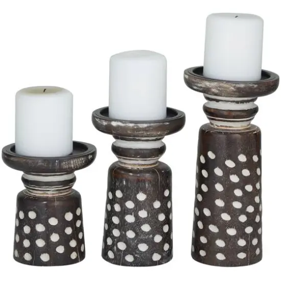 Dark Brown Mango Wood Round Carved Dotted Pillar Candle Holder Set {1}