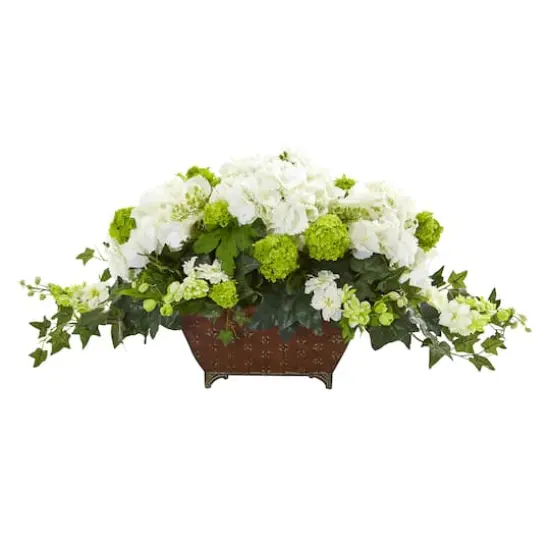 15.5" White Hydrangea & Ivy Arrangement in Metal Planter {1}