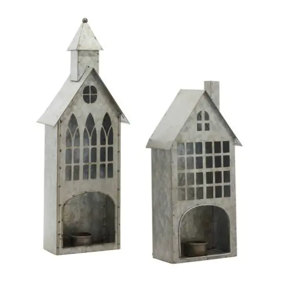 Set of 2 Grey Metal Farmhouse Candle Holder, 13", 18" {3}