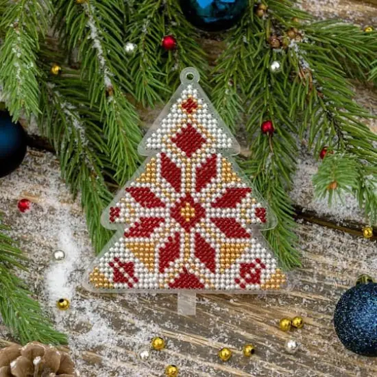 Wonderland Crafts Red & Gold Fair Isle Tree Ornament Bead Embroidery on Plastic Kit {3}