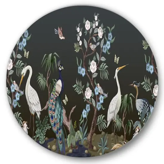 Designart - Chinoiserie With Birds and Peonies IV - Traditional Metal Circle Wall Art {1}