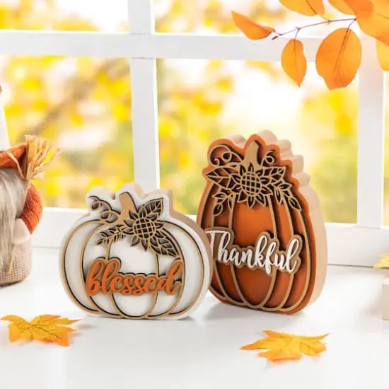 Glitzhome&reg; 8"H Thanksgiving Wooden Pumpkin Table Decor Set {4}
