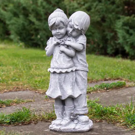 19.5" Gray Boy Hugging Girl Outdoor Garden Statue {3}