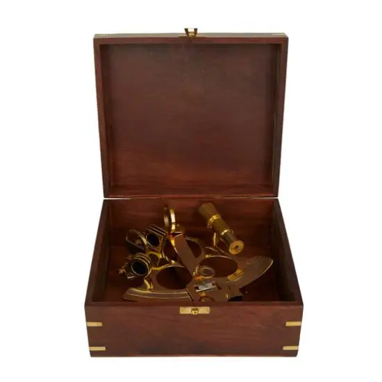 7" Gold Brass Sextant Compass with Decorative Wood Box {3}