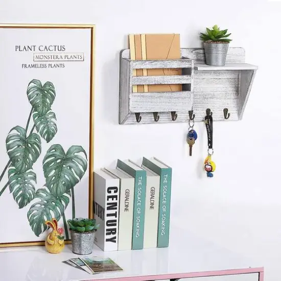 NEX™ Wall-Mounted Rustic Off-White Mail Shelf with 6 Double Key Hooks {3}