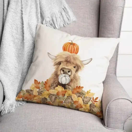 Autumn Cow Leaf Pile 18" x 18" Indoor / Outdoor Pillow {3}
