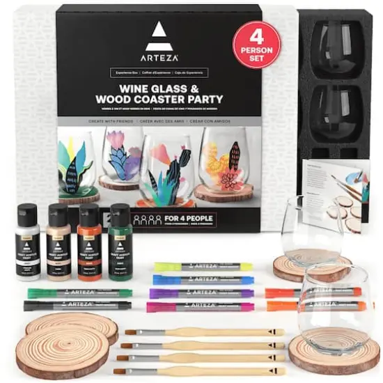 Arteza Experience Box 25 Piece Wine Glass & Wood Coaster Party Kit {1}
