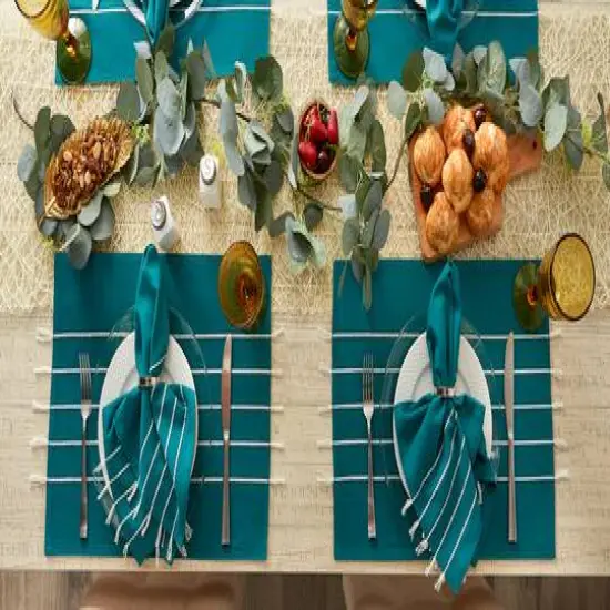 DII&reg; Stripe Tassel Placemats, 4ct. Teal/Off-White {9}