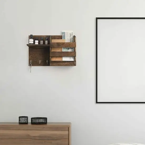 NEX&trade; Rustic Brown Vintage Wood Mail Shelf with 3 Key Hooks {7}