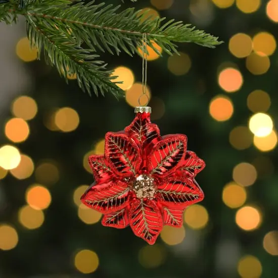 Red & Gold Glittery Poinsettia Glass Christmas Ornament {3}