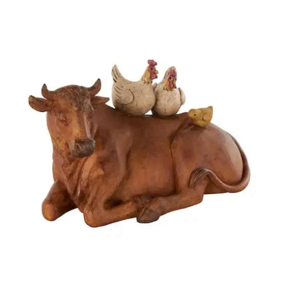 11.5" Copper Cow Decorative Sculpture with Sitting Roosters & Chicks {4}